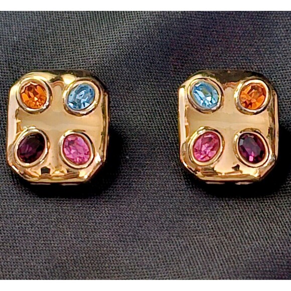 Vintage Gripoix Clip On Earrings Gold Tone Cabochon Glass Inlay Stones EUC! - Picture 10 of 11
